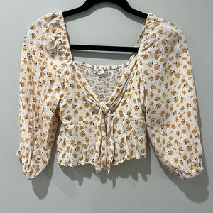 Cotton on yellow and white floral long sleeve shirt with tie in front size XS